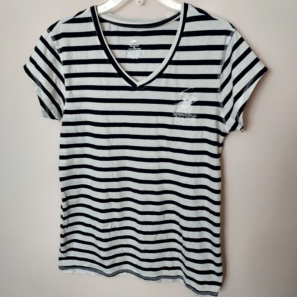 Beverly Hills polo club striped V-neck top XL Minimalist Academia Preppy